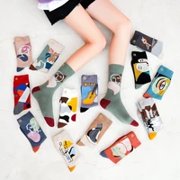 autumn new artistic abstract socks women fashion popular cartoon happy personalized socks print cotton 12 styles long socks