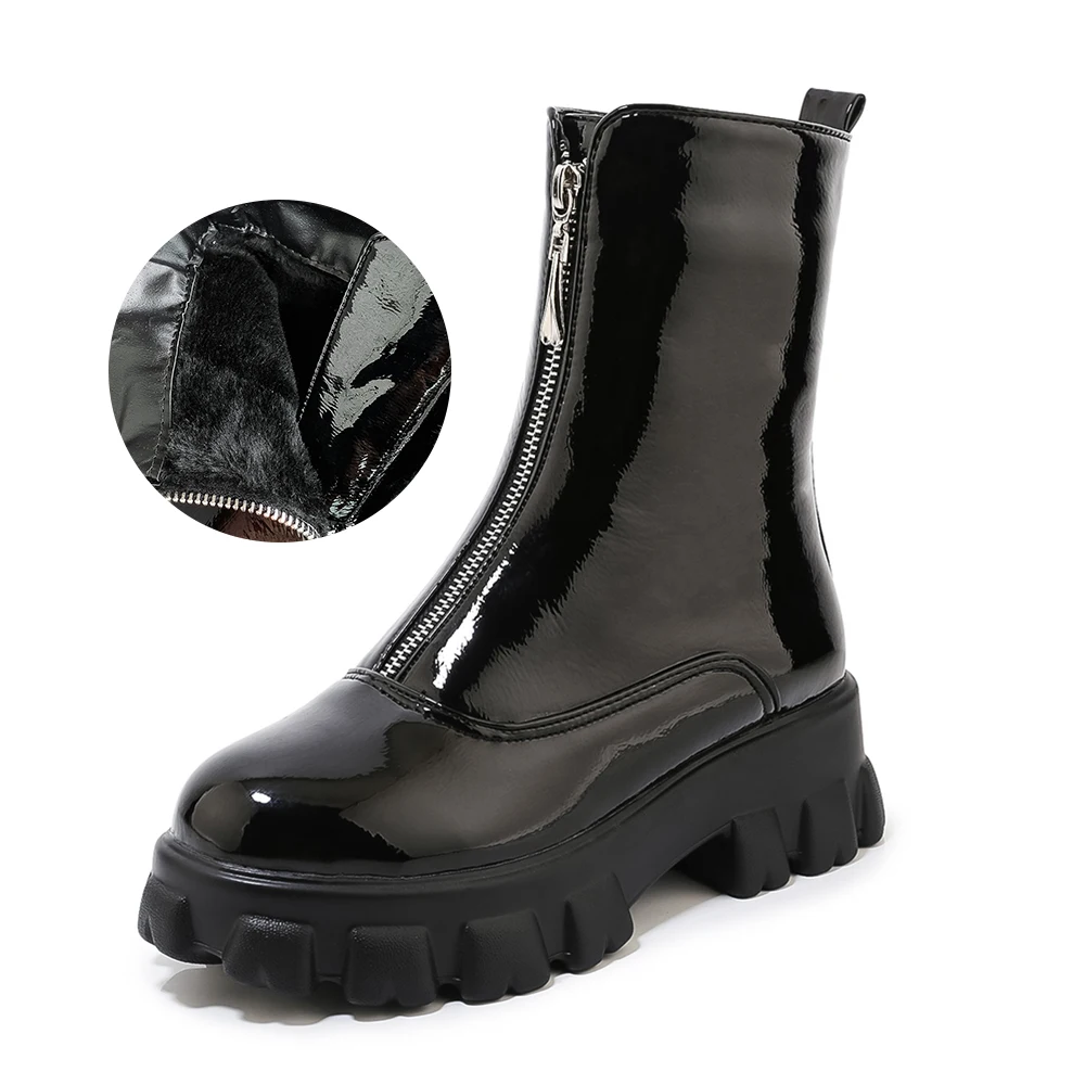 black fur Большие размеры 34-46; зимние ботинки; женские зимние ботинки; Теплая обувь на пуху; легкая одежда; обувь на плоской платформе с молнией для девочек; цвет белый, черный; ботинки на толстом каблуке - Цвет: black fur