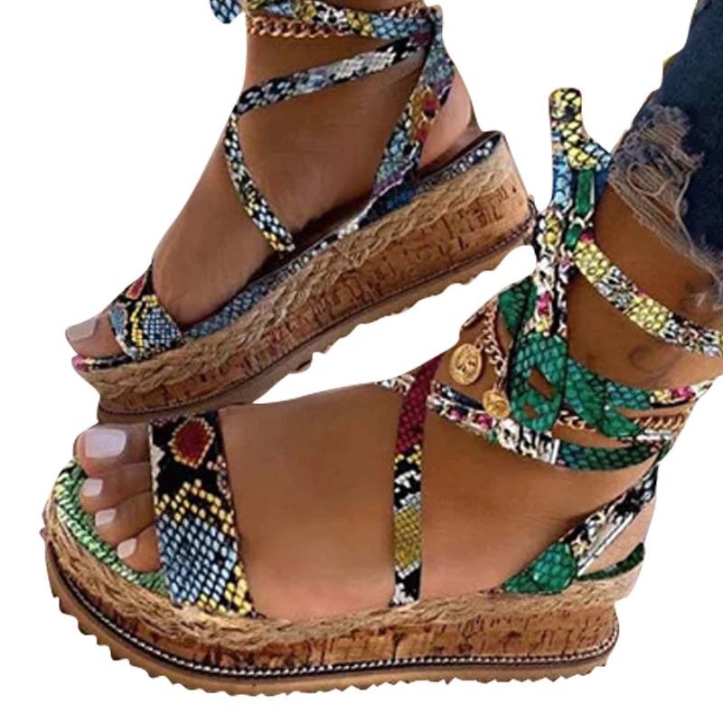 

Summer Women Snake Sandals Platform Heels Party Ladies Shoes Zapatos De Mujer Cross Strap Ankle Lace Peep Toe 2020 Fashion Beach