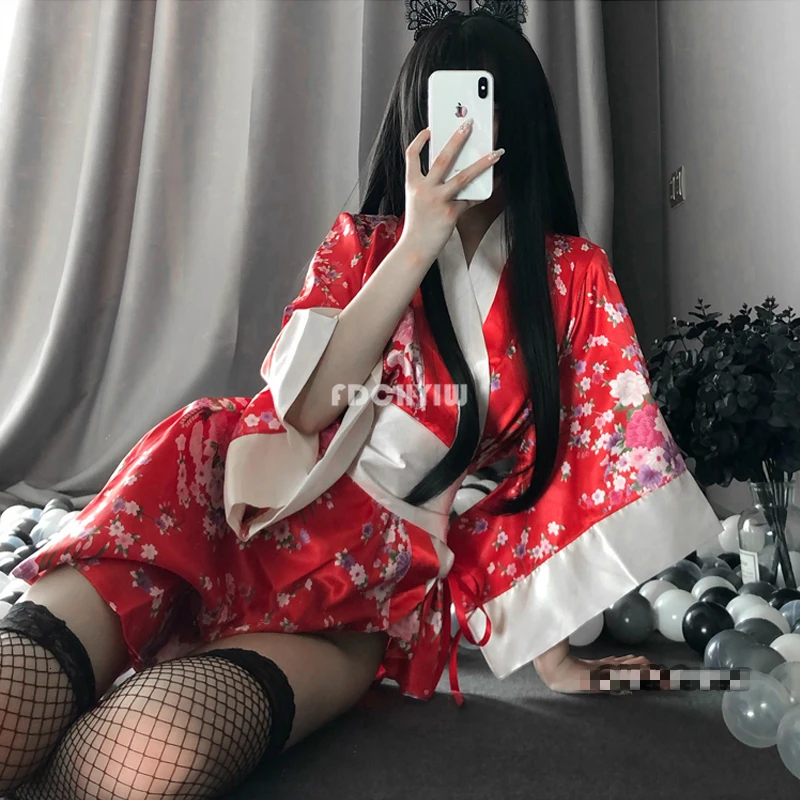 

Japanese Kimono Sexy Lingerie Cosplay Outfit for Women Traditional Style Robe Yukata Costumes Pajamas Soft Silk Belt 3pcs Set