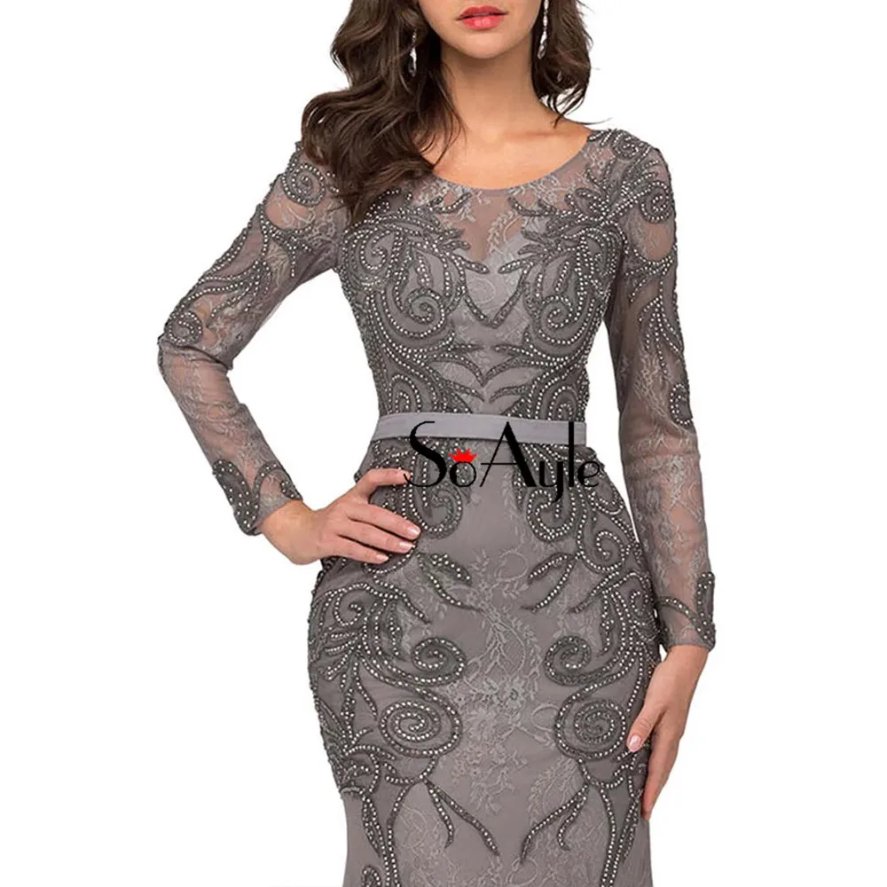 Платье SoAyle Luxury Beaded Gray Lace вечернее платье O-образный вырез длинный рукав Русалка плюс размер Арабские платья Дубай.