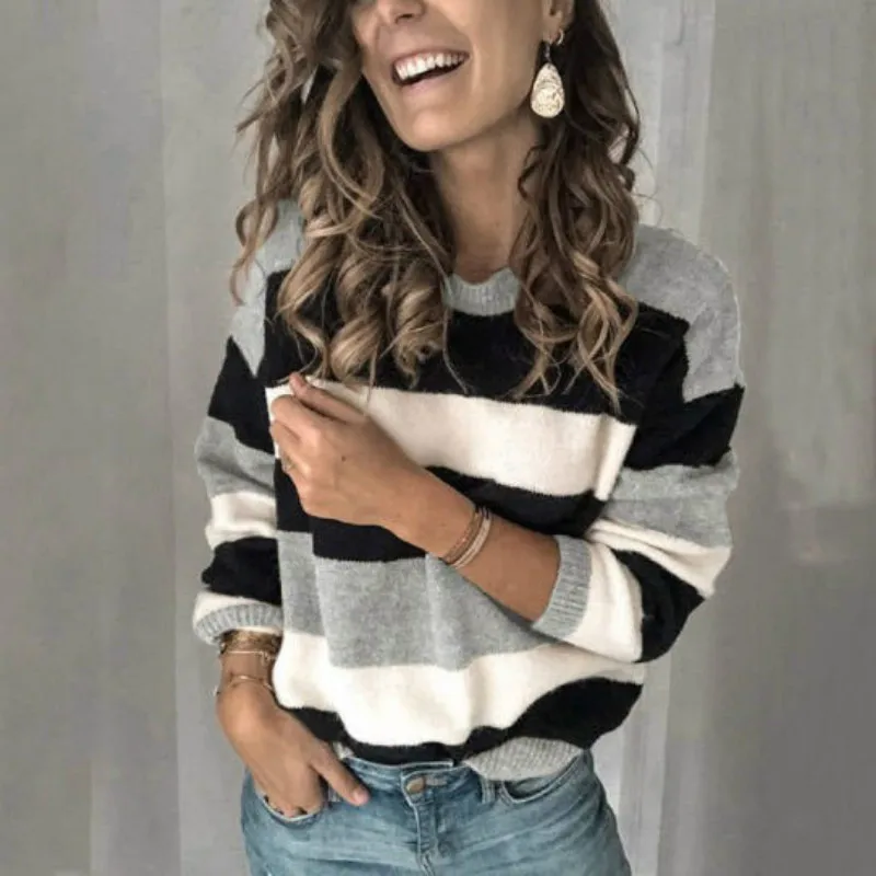

Autumn Winter 2020 New European American Women Crew Neck Stripe Loose Leisure Long Sleeves Sweet Temperament Versatile Sweaters