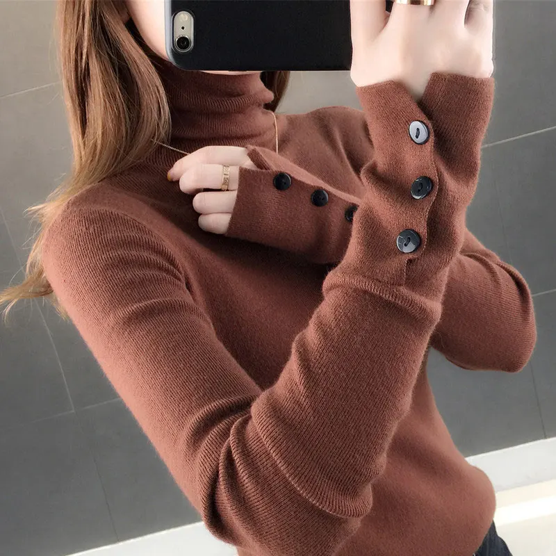 

The New Sweater Pullover Winter Harajuku Turtleneck Women Clothes Soft Warm Button Long Sleeve Knitted Fashion Tops Female W003