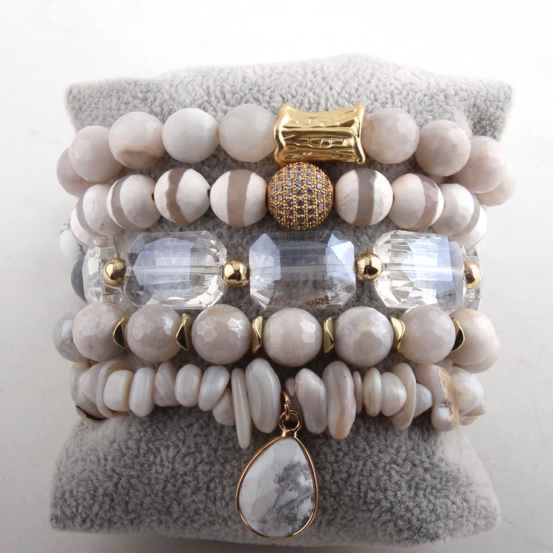 

Fashion Jewelry Beautiful Beige White Bracelet Set Natural Stone Cubic Zircon Ball Freshwater pearl Crystal Pave Bracelets