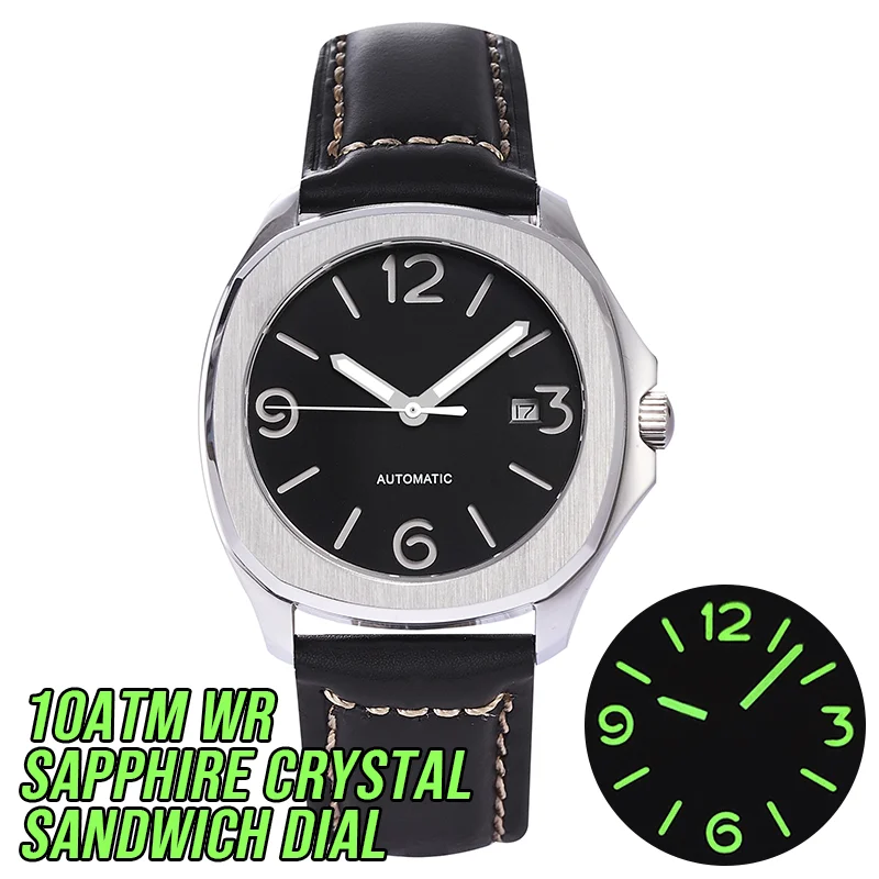 10Bar 40mm Black Men s Aquanaut Homage Watch Custom Wristwatch Automatic Sapphire Crystal Leather Strap Lume Sandwich Dial