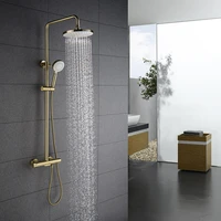 brushed gold color bathroom thermostatic control shower faucet set wall mounted round design rain shower head brass material