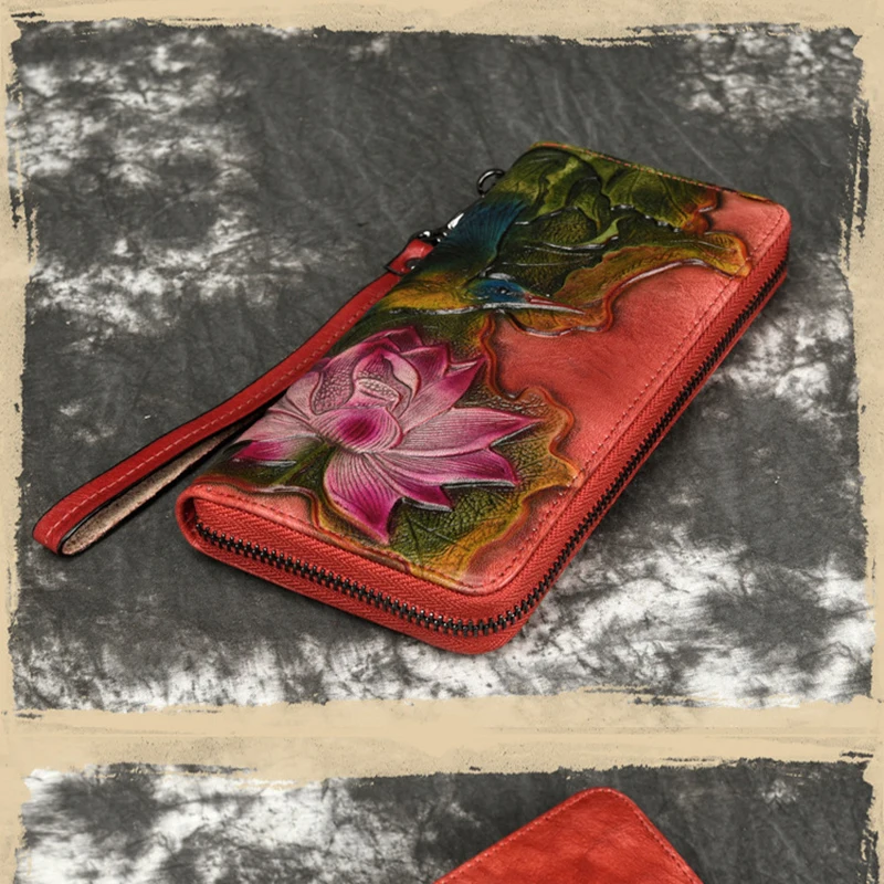 Длинный кошелек из натуральной кожи с изображением дерева кремового цвета в