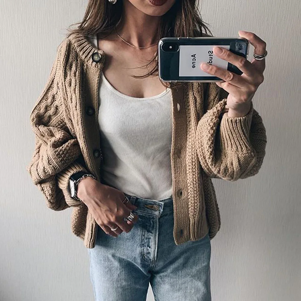 Вязаный кардиган короткий свитер для женщин зимний элегантный длинный рукав