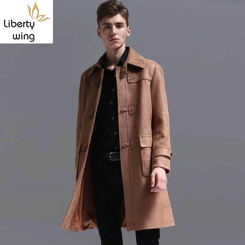 

Vintage Men Long Coat Lapel Collar Faux Suede Leather Mantel Herren Gothic Military Overcoat Straight Trench Plus Size Sobretudo
