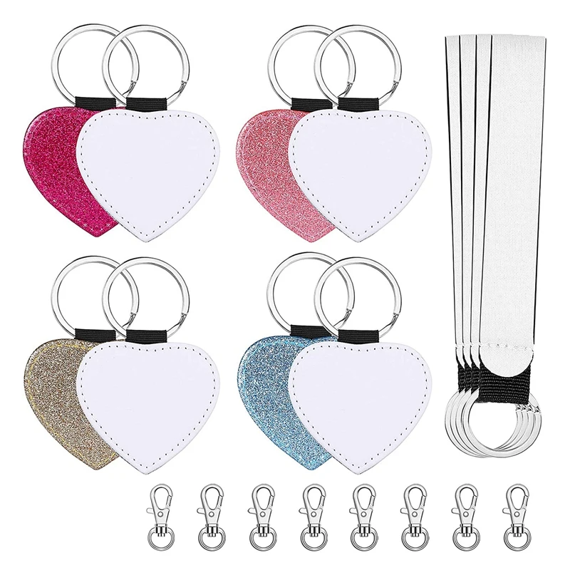 

20 Pcs Sublimation Blanks Keychains Kits Glitter PU Leather Keychain with Swivel Snap Hooks for DIY Keychain Tags Heart