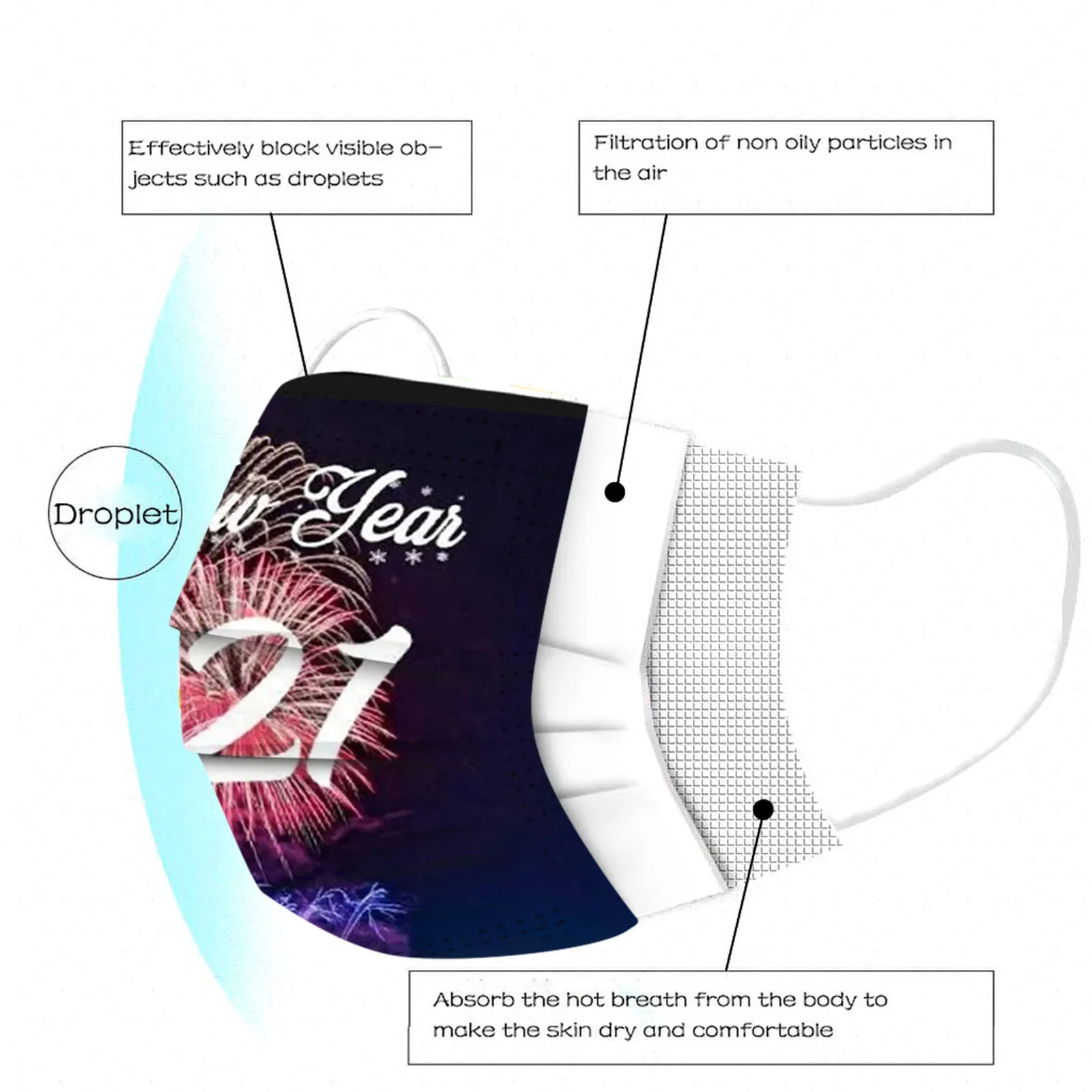 

masque 2021 New Year Printing Mask Caps Christmas Face Mask Non-Woven Protective 3 Layer Earring Face Mask mascarillas #3