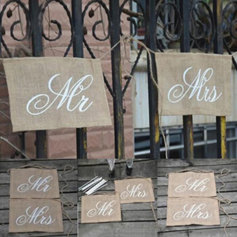 2pcs/pack Mr & Mrs Burlap Chair Banner Set Photography SignsMark Sign Rustic Wedding Party Decorations | Дом и сад