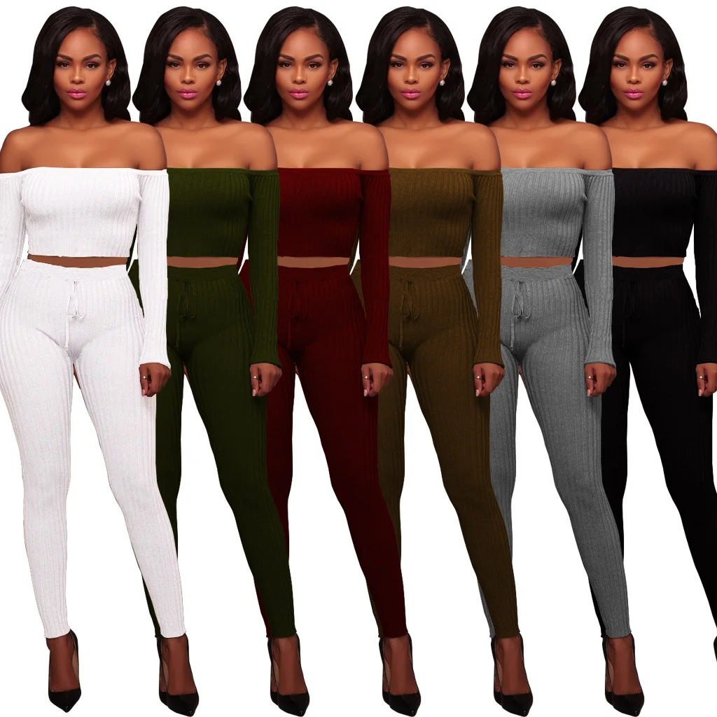 

Lady Sexy Slash Neck Two Piece Set Long Sleeve Drawstring Off Shoulder Women Tracksuit Bodycon Long Pants Party Night LadiesSuit