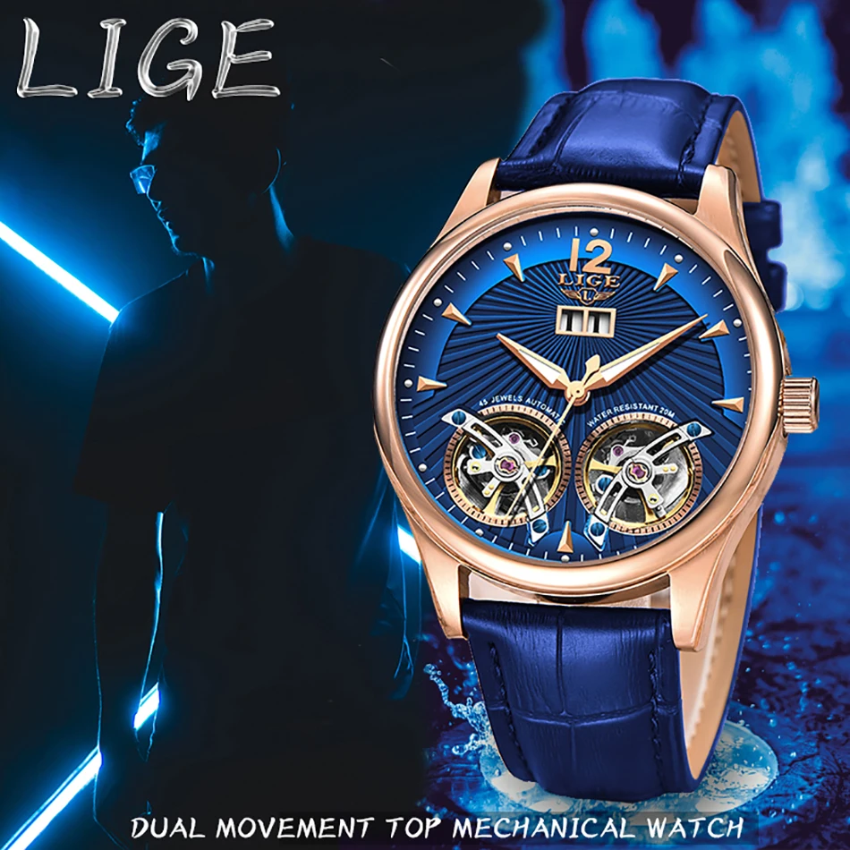 Reloj Hombres LIGE, мужские часы с двойным турбийоном и кожаным ремешком, Топ бренд, Роскошные автоматические механические Спортивные часы, мужские наручные часы