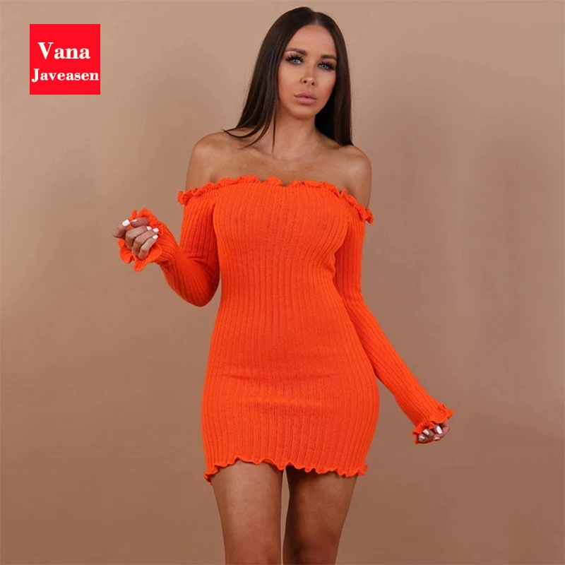 

Sexy Slash Neck Ruched Edge Bodycon Dress Party Solid Color Three Quarter Sleeve Mini Slim Knitted Dress Women Streetwear