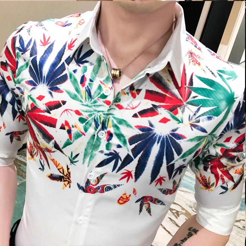 

Summer Print Flower Casual Men Shirr Hailf Sleeve Slim Fit Hawaiian Shirts Camisa Masculina Streetwear Nightclub Bar Blusa Homme
