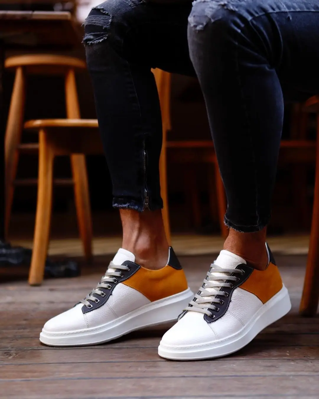 

100% Genuine Leather Casual Style Men Shoes Handmade Comfortable Durable-13600 WHTE AND CAMEL