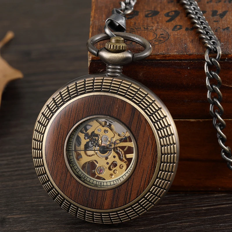 High Quality Wood Mechanical Pocket Watch Antique Skeleton Dial Fob Chain Case Hanging Clock with Gift Box for Men Dropshipping