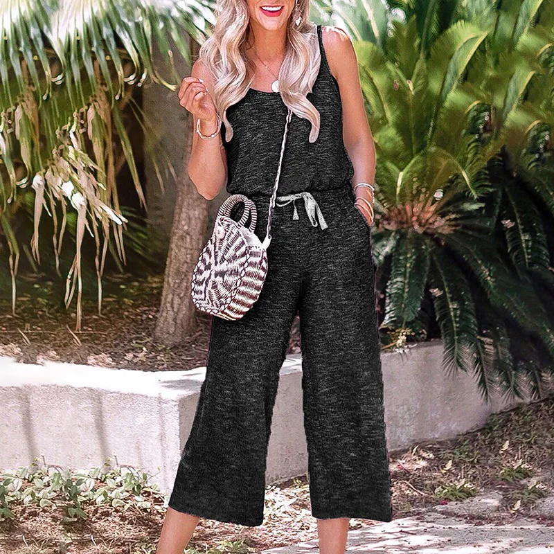 Новое поступление 2020 женский комбинезон без рукавов с круглым вырезом и поясом