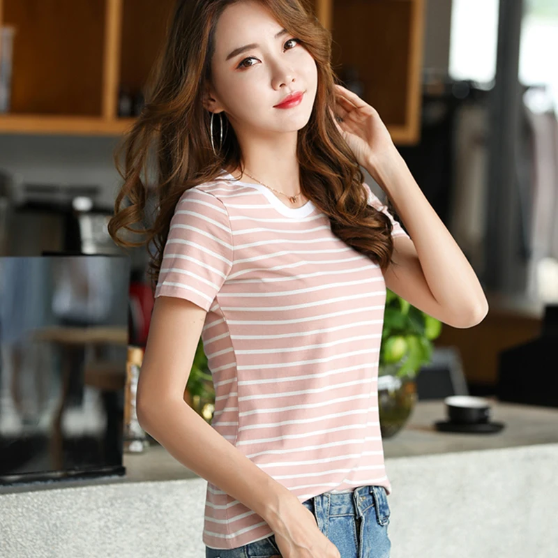 Летняя женская футболка Повседневная Женский хлопковый топ Женская Полосатая
