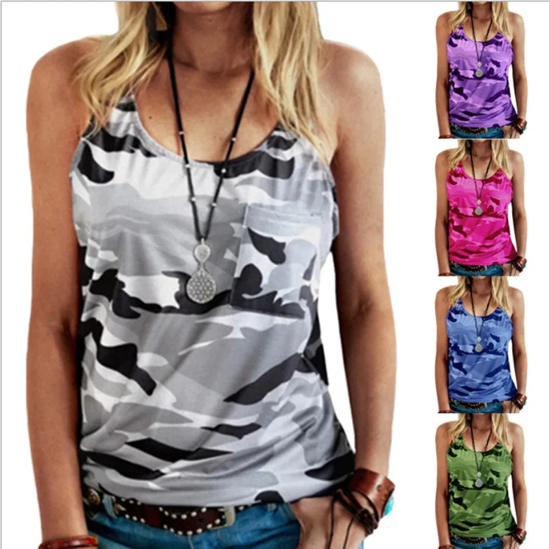 

Summer Women Tank Tops Oversized Camouflage Printed Pocket Loose Ladies T-Shirts Sleeveless Female Top 2021 Fashion Mujer