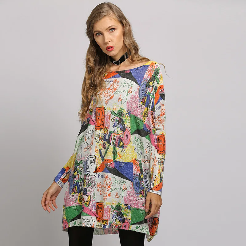 Женское платье-свитер с принтом граффити длинные пуловеры рукавами летучая мышь