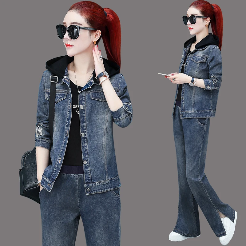 Женский джинсовый костюм с вышивкой комплект из брюк и джинсов в Корейском стиле