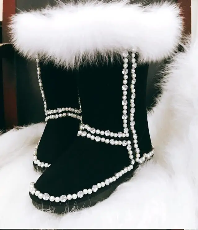 Зимняя Теплая обувь с лисьим мехом высоким голенищем из кожи женские Стразы