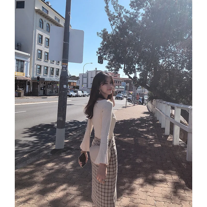 Mishow 2019 осень зима женский свитер элегантный однотонный расклешенный длинный