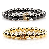 fashion 2pcsset couple his hers 6mm stone bead cz crown bracelet men charm strand bracelet handmade men wristband jewelry gifts