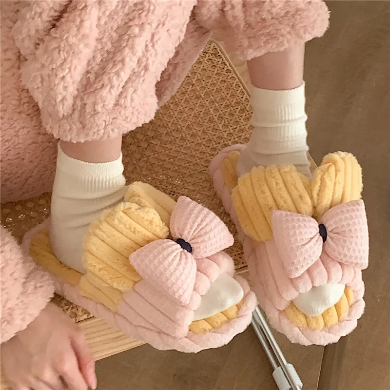 

Women Home Indoor Slippers Hairy Warm Fluffy Plush Flat Slides Cute Bowknot Floor Shoes Memory Foam Cotton Slippers With Ears