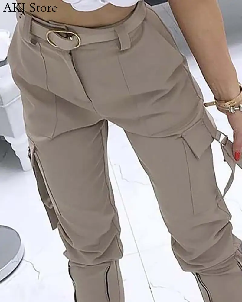 

Women Pocket Zipper Design Tied Cuff Cargo Pants Large Size 5XL