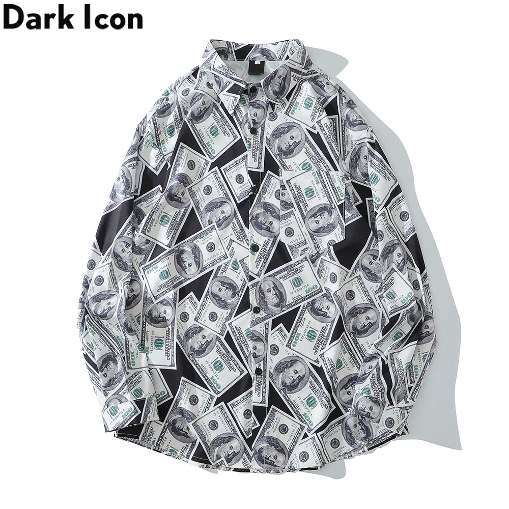 Dark Icon US Dollar Full Printed Shirts Men Turn-down Collar Casual Men's Shirt Logn Sleeve Man Clothing