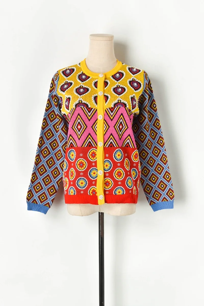 Brand Designer women's cardigan 2019 Vintage Contrast geometric heart Single Breasted Round Neck Open Stitch Cardigan Knit Coat |