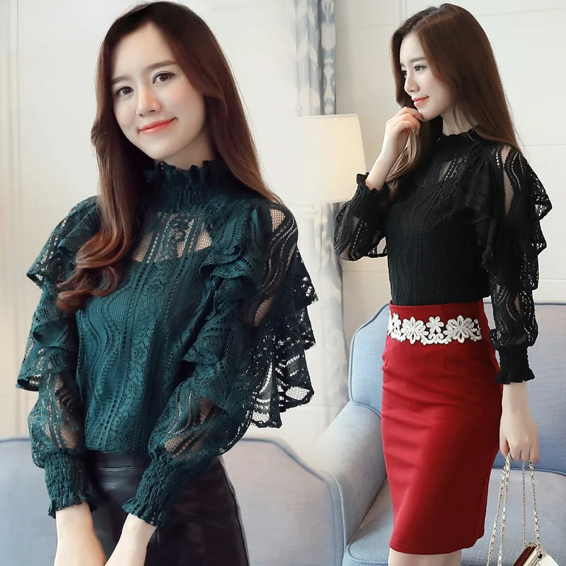 

2021 Spring Korean Version of Thin Long-sleeved Super Fairy Blouse Lantern Sleeve Lace Shirt Bottoming Shirt Women Clothing