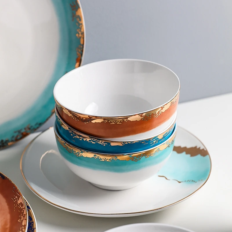 Набор обеденных тарелок с чернилами Золотая инкрустация настольная тарелка и блюдо кружки и чаши подарок на год