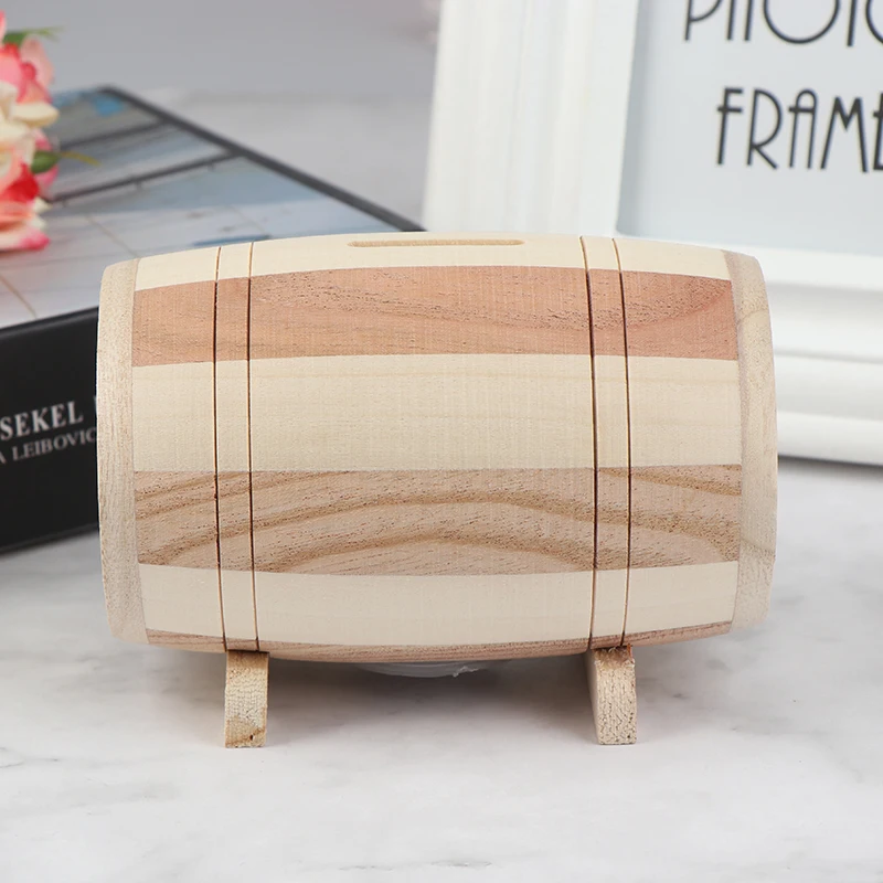

1pc Wooden Piggy Bank Safe Money Box Savings Wine Barrel Wood Carving Handmade Money Box