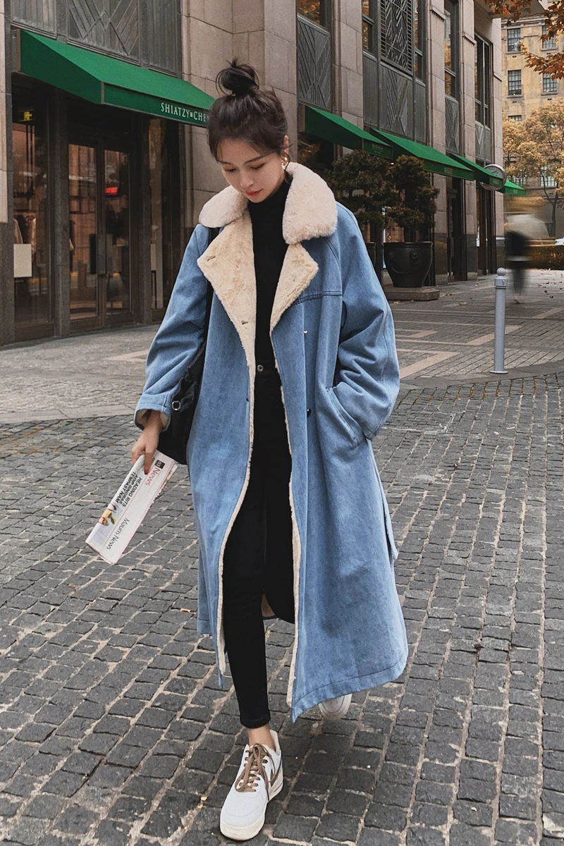 

2020 New Winter Denim Lamb Wool Coat Mid-Length Cotton-Padded Coat Fleece-Lined Thickened Parka Cotton-Padded Coat for Women