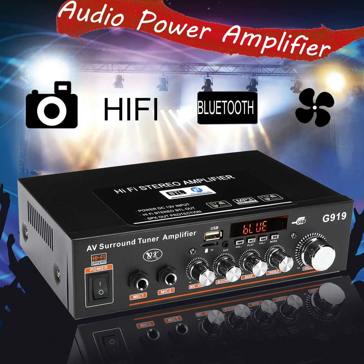 Мини усилитель мощности 12 В/220 В 360 Вт G919 bluetooth стерео FM SD Hi Fi 2CH AMP аудио музыкальный