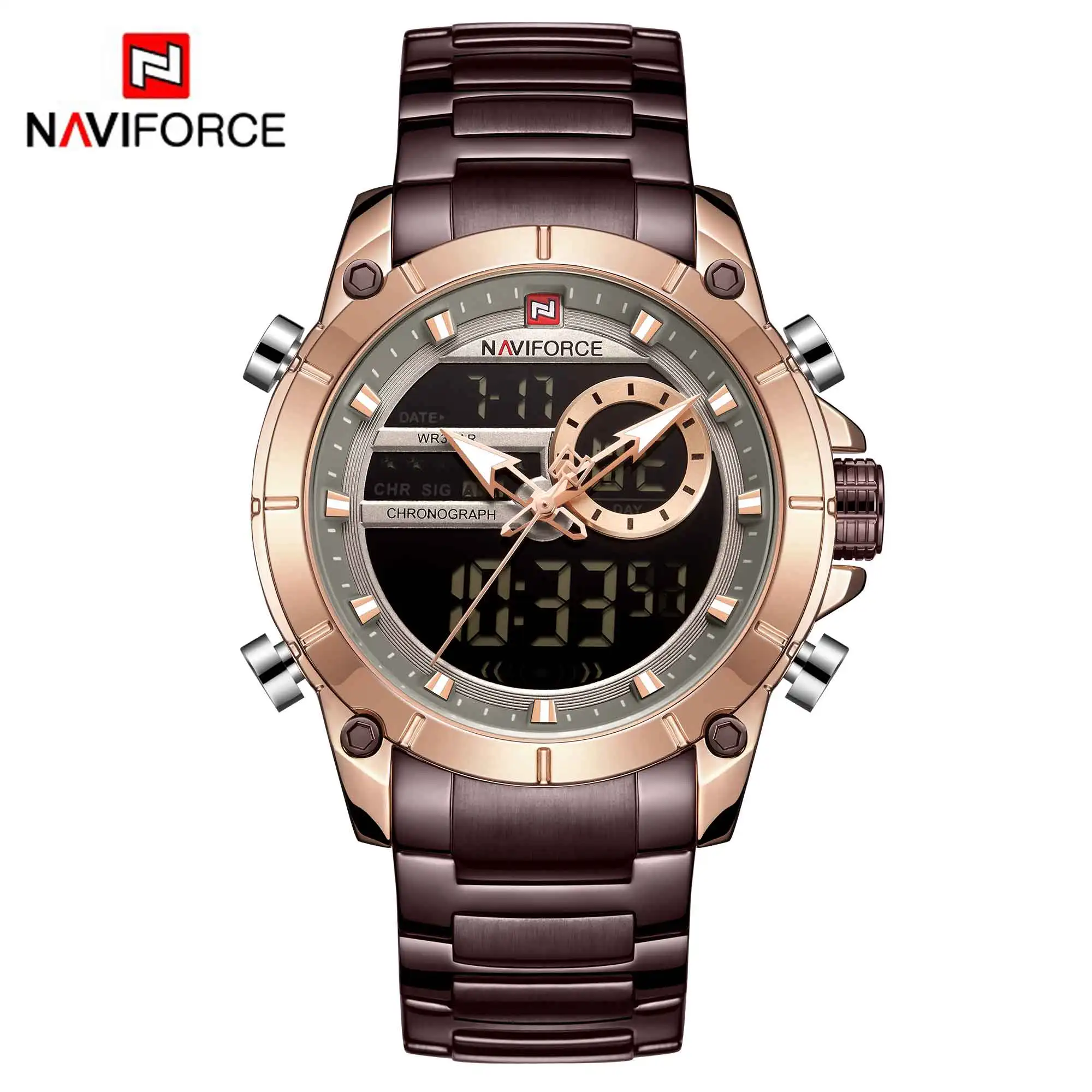 RGCE Новинка NAVIFORCE мужские военные модные часы золотые кварцевые наручные часы сталь Водонепроницаемый двойной дисплей мужские часы Relogio Masculino - Цвет: RGCE