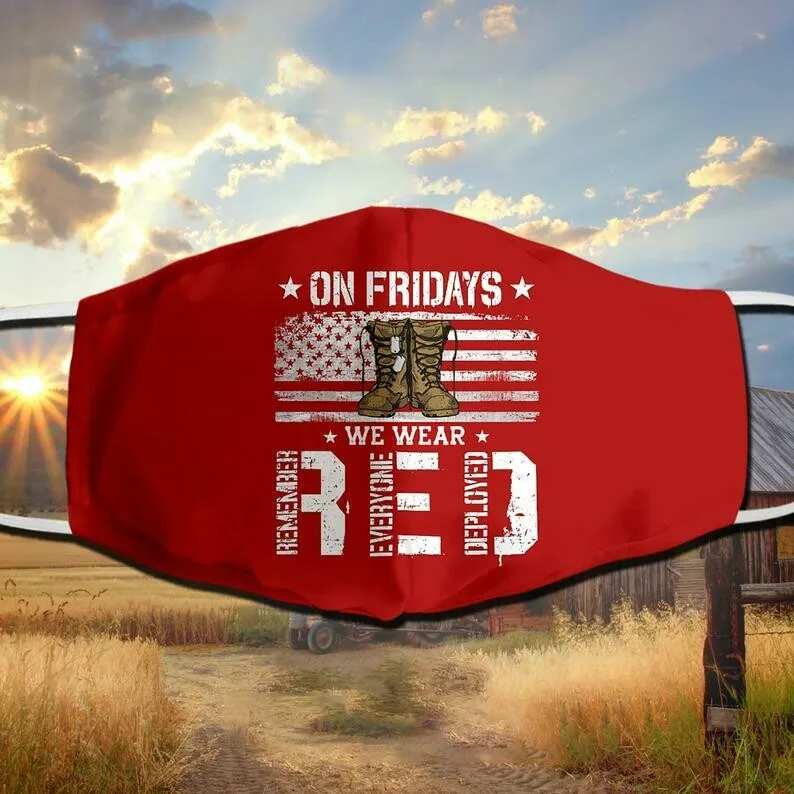 

On Friday We Wear Red American Flag Veteran Mouth Covering Washable Reusable Fabric Face Mask with Filter