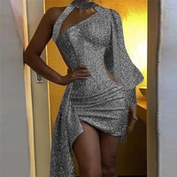 silver sequined hollow out dress women sexy glitter shiny bodycon club party mini dress fashion one shoulder vintage birthday