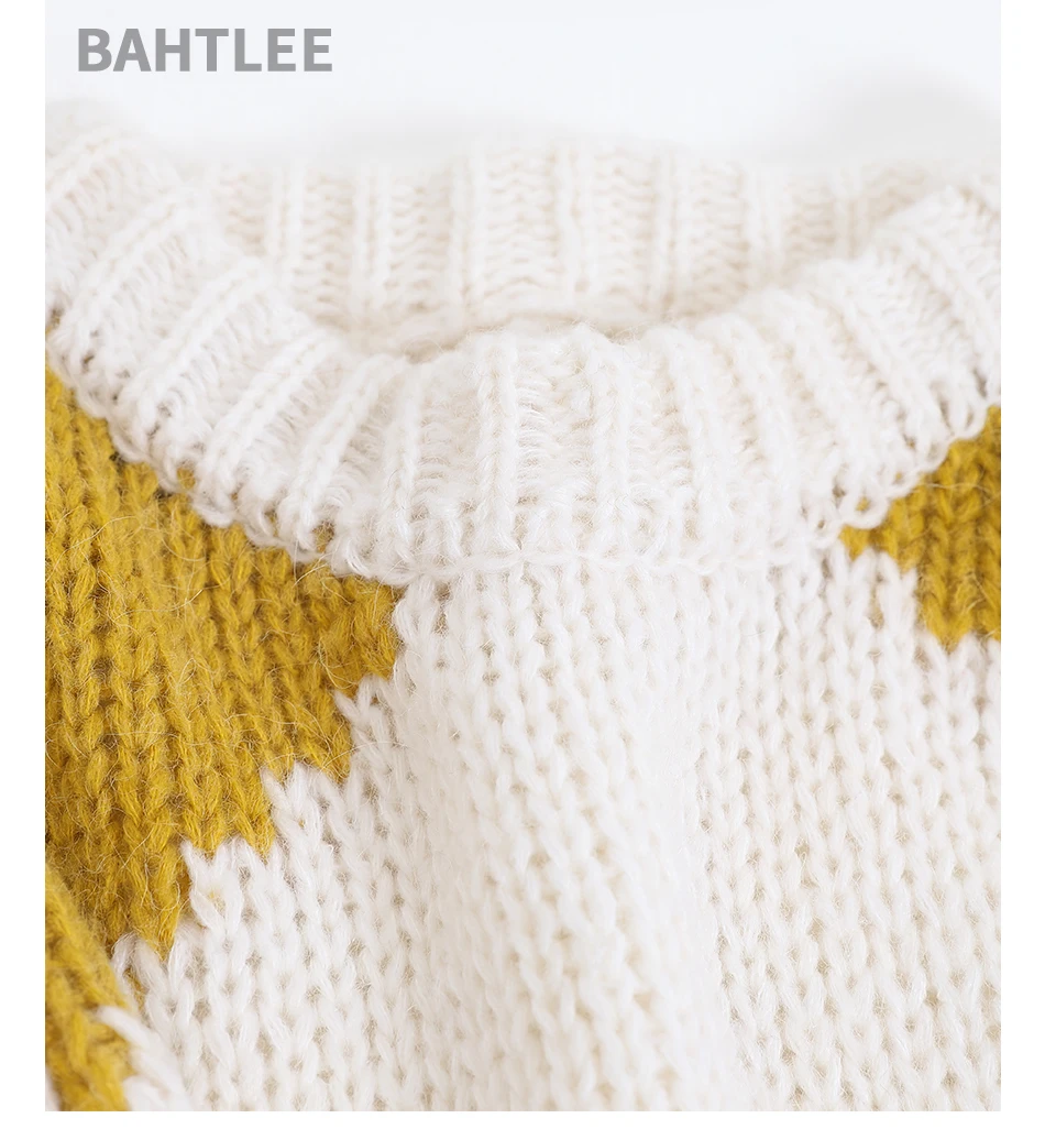 BAHTLEE Winter Women Mohair Thick Pullover O-Neck Sweater Long Lantern Sleeves Wool Color Matching Knitted Jumper Loose Style