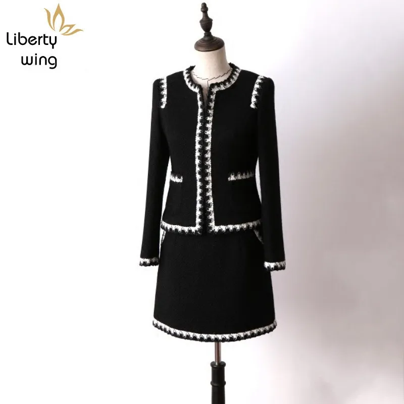 

Womens Black Tweed Elegant Luxury 2 Piece Women Business Small Fragrance Round Neck Wool Jacket Coat Female A-Line Ladies Sets