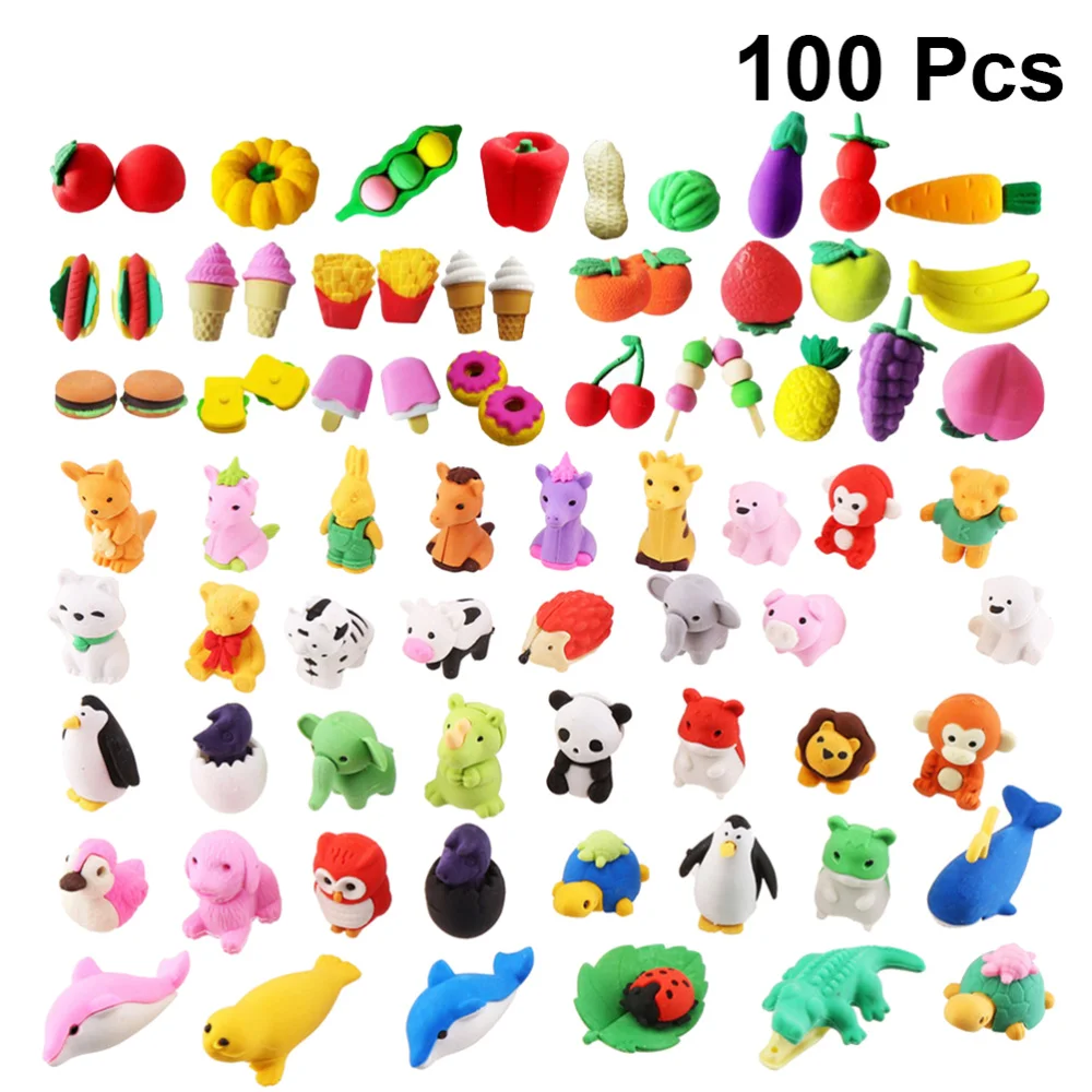 100PCS Cartoon Erasers Creative Erasers Lovely Animal Fruit Vegetable Shape Erasers (50PCS Animals, 50PCS Fruits)