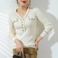 autumn and winter small fragrance sweater women color matching v tie buckle bottoming shirt knitted tops fake pocket sweater