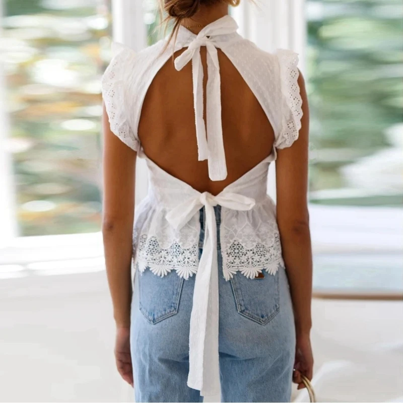 Женский жилет с открытой спиной и кружевной вышивкой женские топы летняя