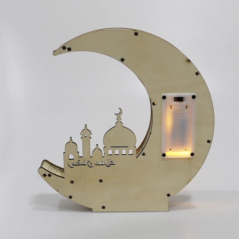 

Wooden Eid Mubarak LED Light Ramadan Kulbang Mirror Golden Moon Castle Hollow Letters with LED Light Table Decoration