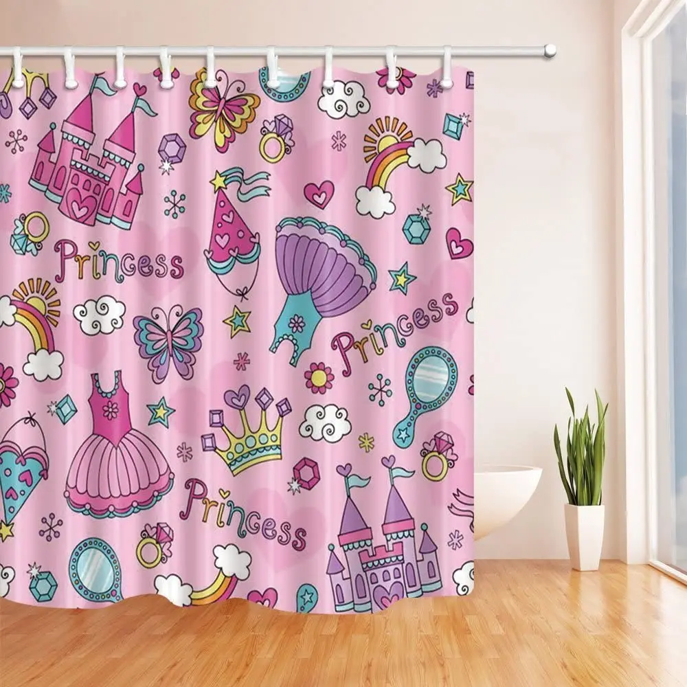 

Princess Decor Kids Shower Curtain Mildew Resistant Polyester Fabric Bathroom Bath Curtains with Hooks,180X180CM Pueple Pink