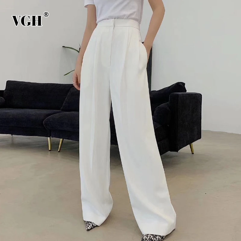

VGH Casual Women's Full Length Wide Leg Pants High Waist Zipper Ruched Long Trousers For Female 2020 Spring Fashion Clothing New